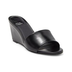 Jeffrey Campbell Womens Black Leather Slip On Open Toe Wedge Sandals Sz 9 NEW